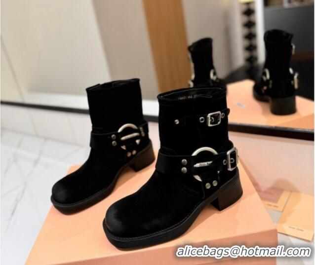 Good Quality Miu Miu Suede Ankle Boots with Buckle Strap Black 1228061