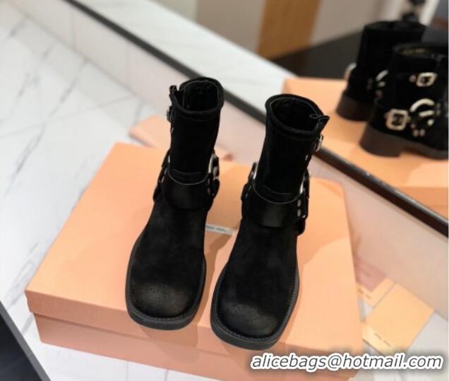 Good Quality Miu Miu Suede Ankle Boots with Buckle Strap Black 1228061