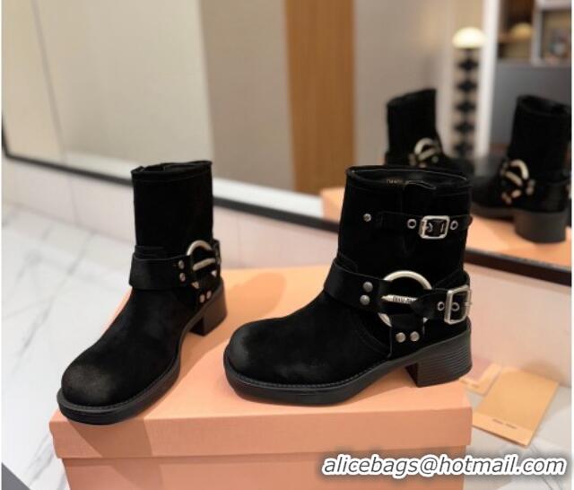 Good Quality Miu Miu Suede Ankle Boots with Buckle Strap Black 1228061