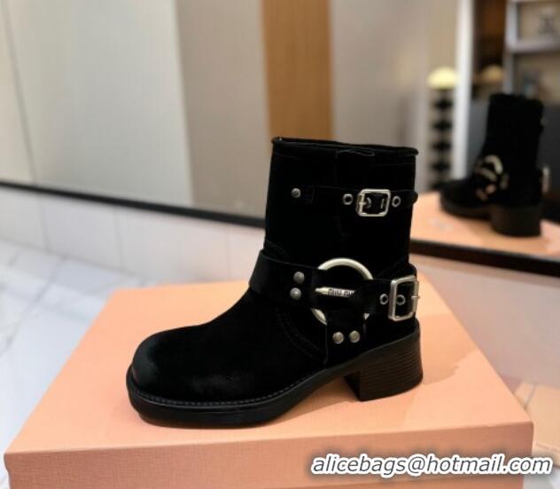 Good Quality Miu Miu Suede Ankle Boots with Buckle Strap Black 1228061