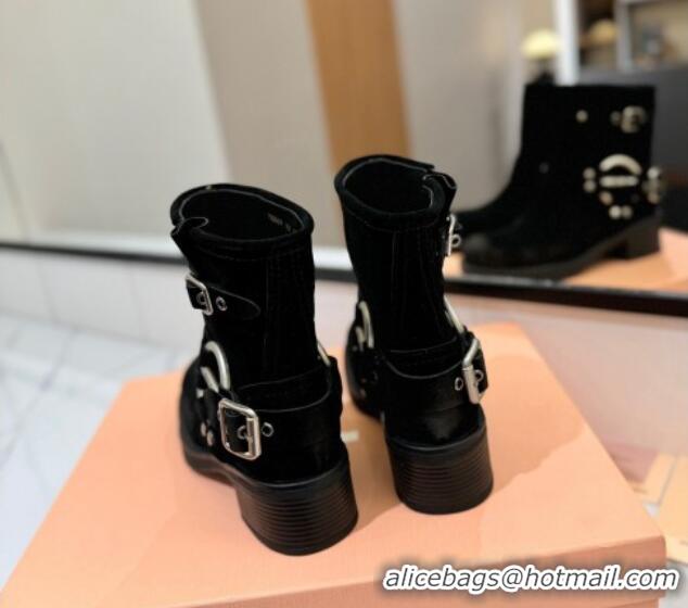 Good Quality Miu Miu Suede Ankle Boots with Buckle Strap Black 1228061