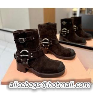 Grade Quality Miu Miu Suede Ankle Boots with Buckle Strap Dark Brown 1228062