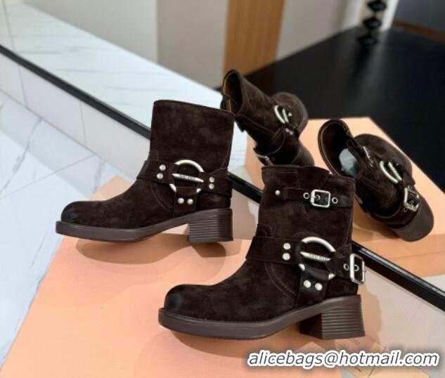 Grade Quality Miu Miu Suede Ankle Boots with Buckle Strap Dark Brown 1228062