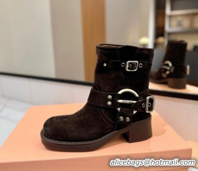 Grade Quality Miu Miu Suede Ankle Boots with Buckle Strap Dark Brown 1228062