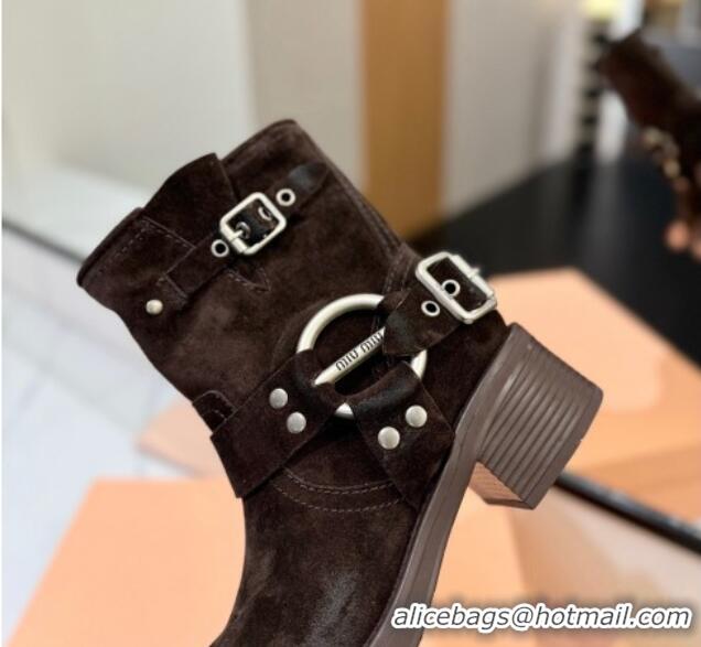 Grade Quality Miu Miu Suede Ankle Boots with Buckle Strap Dark Brown 1228062