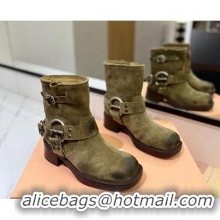 Buy Luxury Miu Miu Suede Ankle Boots with Buckle Strap Green 1228063