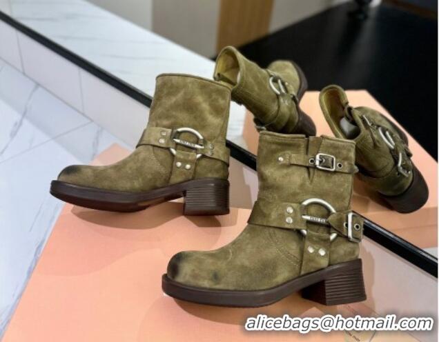 Buy Luxury Miu Miu Suede Ankle Boots with Buckle Strap Green 1228063