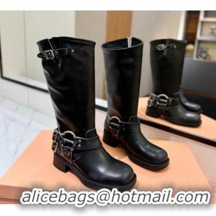 Low Price Miu Miu Bleached Leather High Boots with Buckle Strap Black 1228064