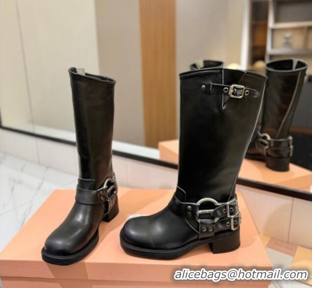 Low Price Miu Miu Bleached Leather High Boots with Buckle Strap Black 1228064