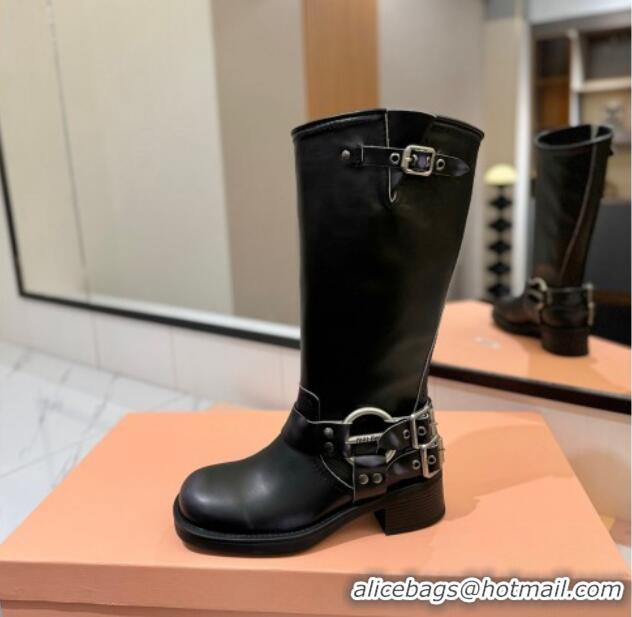 Low Price Miu Miu Bleached Leather High Boots with Buckle Strap Black 1228064