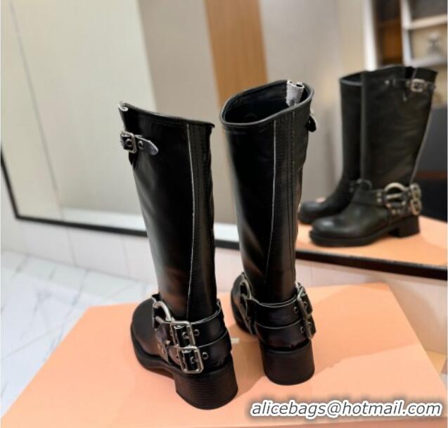 Low Price Miu Miu Bleached Leather High Boots with Buckle Strap Black 1228064