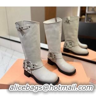 Unique Style Miu Miu Bleached Leather High Boots with Buckle Strap White 1228065