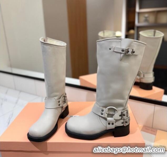 Unique Style Miu Miu Bleached Leather High Boots with Buckle Strap White 1228065