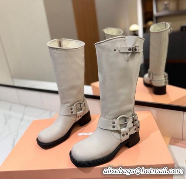 Unique Style Miu Miu Bleached Leather High Boots with Buckle Strap White 1228065