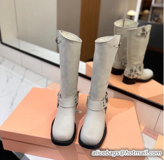 Unique Style Miu Miu Bleached Leather High Boots with Buckle Strap White 1228065