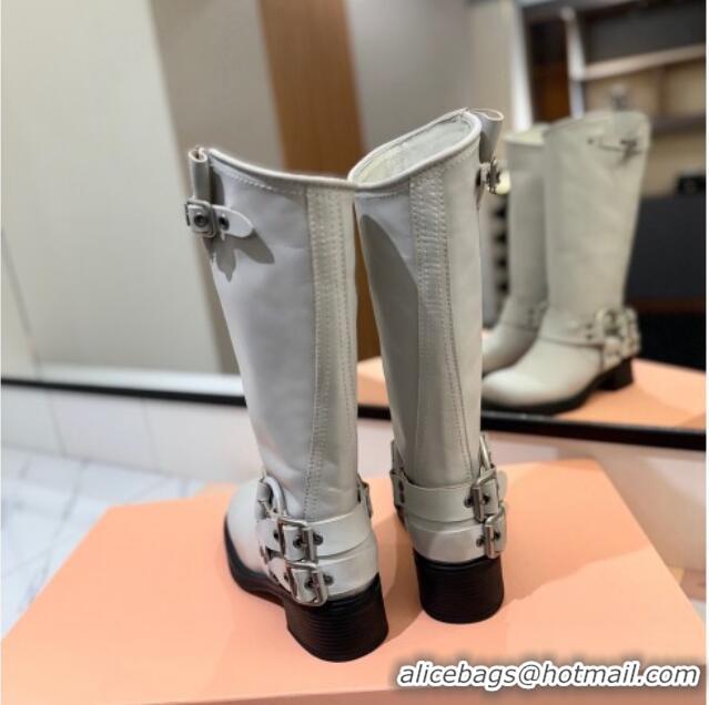 Unique Style Miu Miu Bleached Leather High Boots with Buckle Strap White 1228065