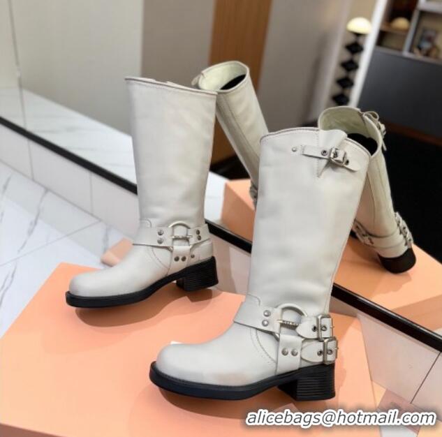 Unique Style Miu Miu Bleached Leather High Boots with Buckle Strap White 1228065