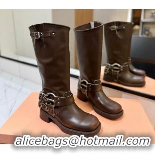 Good Quality Miu Miu Bleached Leather High Boots with Buckle Strap Dark Brown 1228066