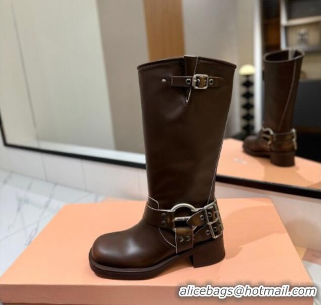 Good Quality Miu Miu Bleached Leather High Boots with Buckle Strap Dark Brown 1228066