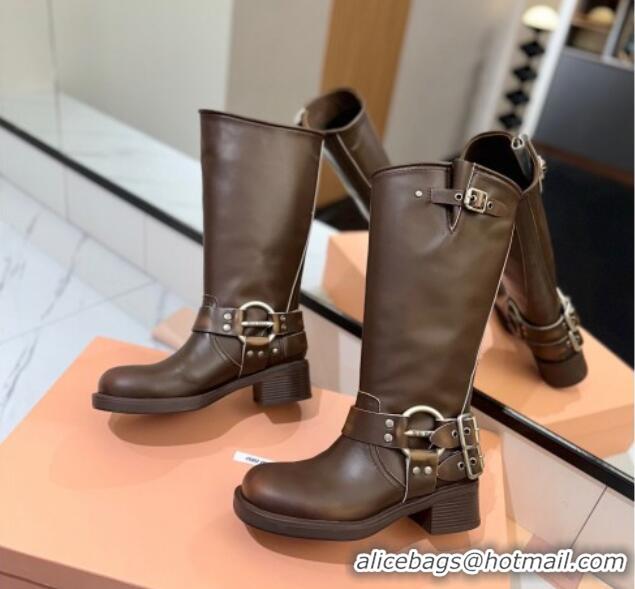 Good Quality Miu Miu Bleached Leather High Boots with Buckle Strap Dark Brown 1228066