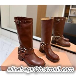 Cheap Price Miu Miu Bleached Leather High Boots with Buckle Strap Sienna Brown 1228067