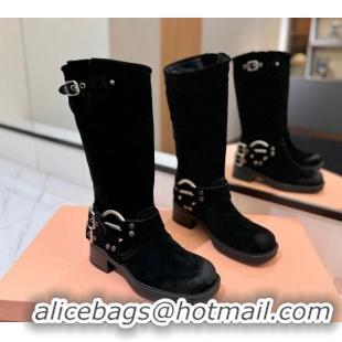 Good Looking Miu Miu Suede High Boots with Buckle Strap Black 1228068