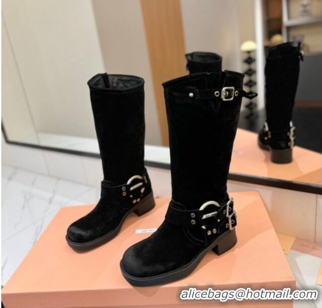 Good Looking Miu Miu Suede High Boots with Buckle Strap Black 1228068