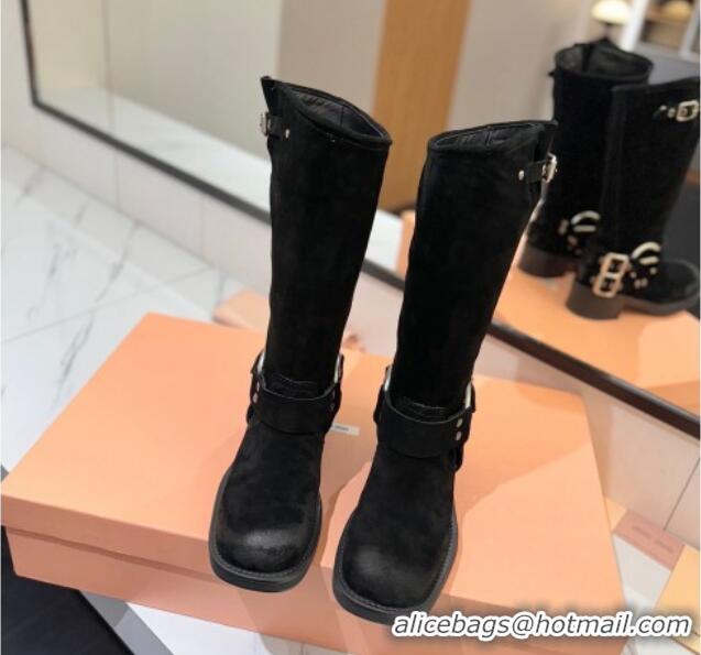 Good Looking Miu Miu Suede High Boots with Buckle Strap Black 1228068