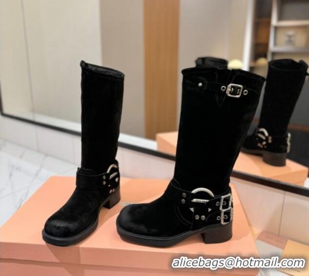 Good Looking Miu Miu Suede High Boots with Buckle Strap Black 1228068