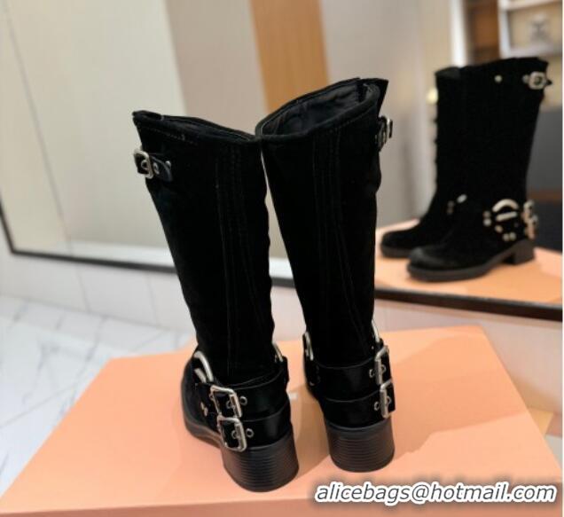 Good Looking Miu Miu Suede High Boots with Buckle Strap Black 1228068