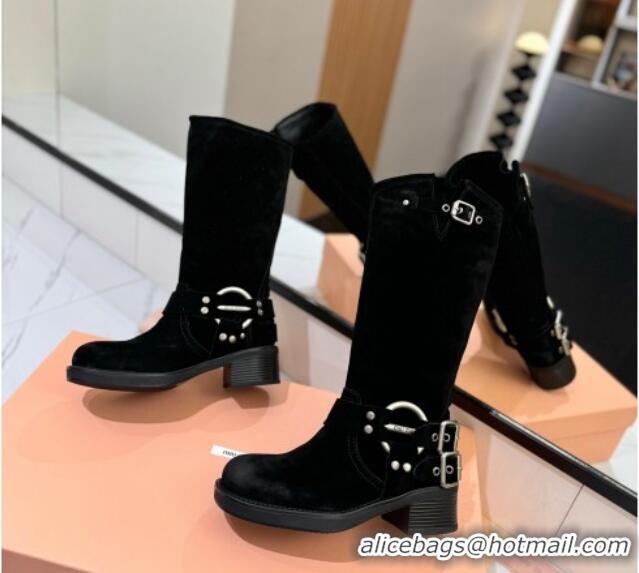 Good Looking Miu Miu Suede High Boots with Buckle Strap Black 1228068