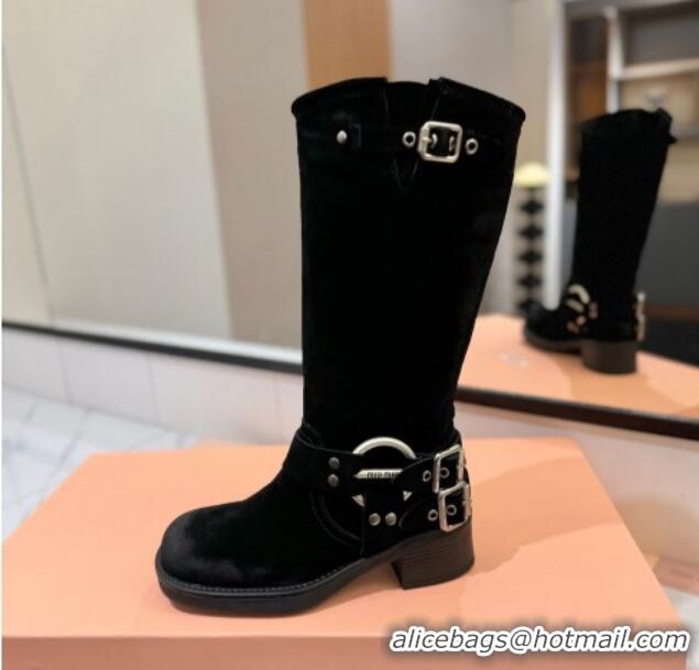 Good Looking Miu Miu Suede High Boots with Buckle Strap Black 1228068