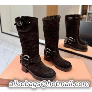 Pretty Style Miu Miu Suede High Boots with Buckle Strap Dark Brown 1228069