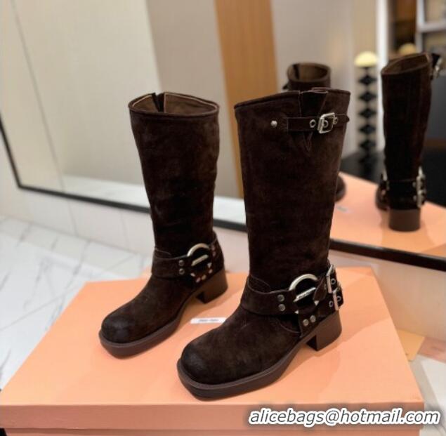 Pretty Style Miu Miu Suede High Boots with Buckle Strap Dark Brown 1228069