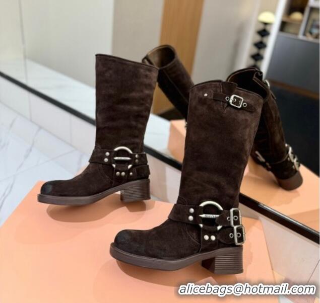 Pretty Style Miu Miu Suede High Boots with Buckle Strap Dark Brown 1228069