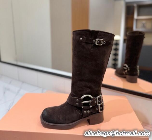 Pretty Style Miu Miu Suede High Boots with Buckle Strap Dark Brown 1228069