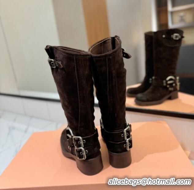 Pretty Style Miu Miu Suede High Boots with Buckle Strap Dark Brown 1228069