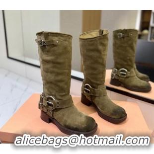 Most Popular Miu Miu Suede High Boots with Buckle Strap Green 1228070