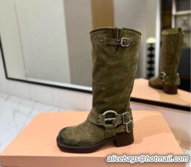 Most Popular Miu Miu Suede High Boots with Buckle Strap Green 1228070