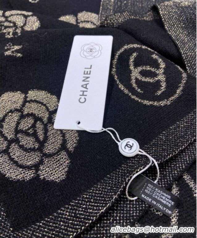 New Design Chanel Camellia Bloom Cashmere Long Scarf 62x195 CH102115 Black/Gold 2024