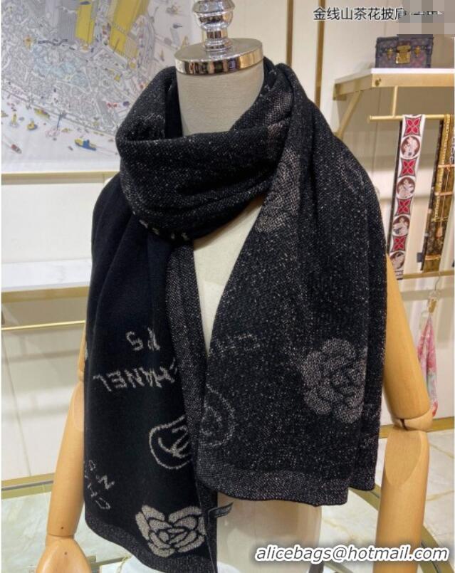 New Design Chanel Camellia Bloom Cashmere Long Scarf 62x195 CH102115 Black/Gold 2024