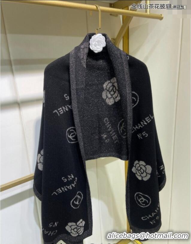 New Design Chanel Camellia Bloom Cashmere Long Scarf 62x195 CH102115 Black/Gold 2024