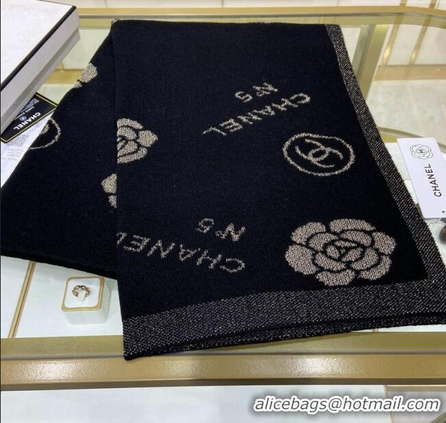 New Design Chanel Camellia Bloom Cashmere Long Scarf 62x195 CH102115 Black/Gold 2024