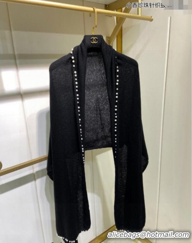 Good Quality Chanel Pearls Cashmere Long Scarf 70x200cm CH102118 Black 2024