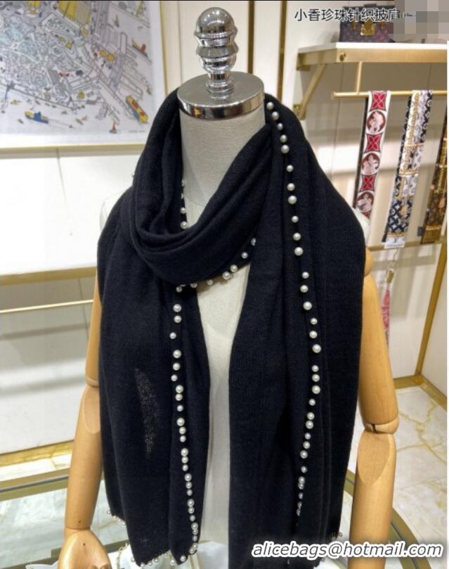 Good Quality Chanel Pearls Cashmere Long Scarf 70x200cm CH102118 Black 2024