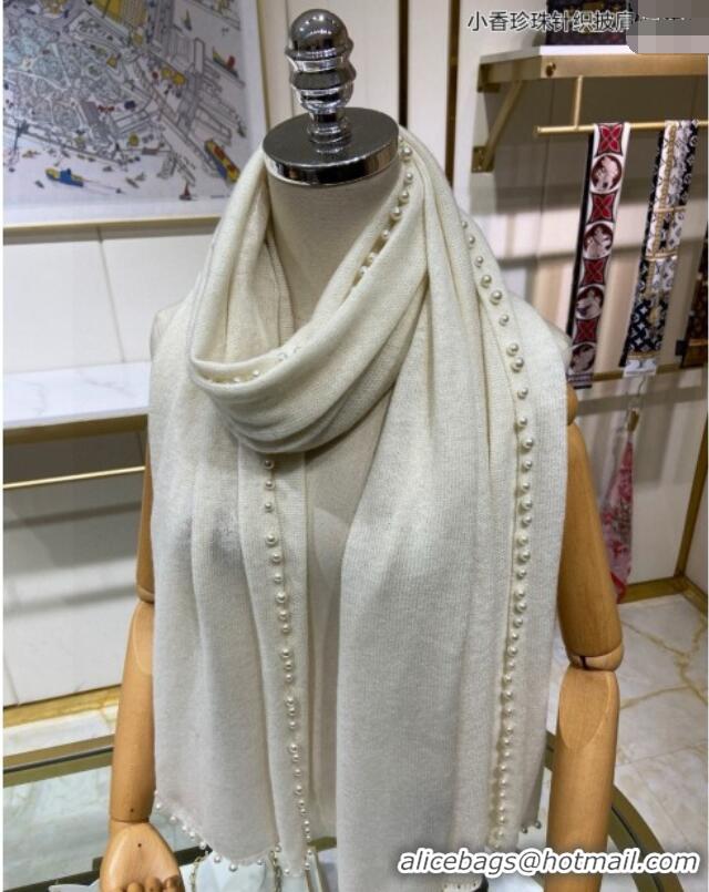 Fashion Grade Chanel Pearls Cashmere Long Scarf 70x200cm CH102118 White 2024