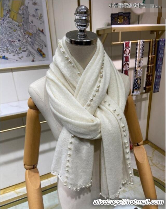 Fashion Grade Chanel Pearls Cashmere Long Scarf 70x200cm CH102118 White 2024