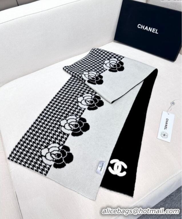 Best Price Chanel Camellia Houndtooth Cashmere Long Scarf 33x180cm 21078 Black 2024