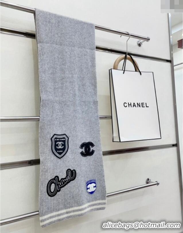 Luxury Cheap Chanel Cashmere Knit Long Scarf 30x180cm with Charm 1128 Grey 2024