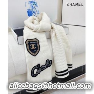 Grade Quality Chanel Cashmere Knit Long Scarf 30x180cm with Charm 1128 White 2024